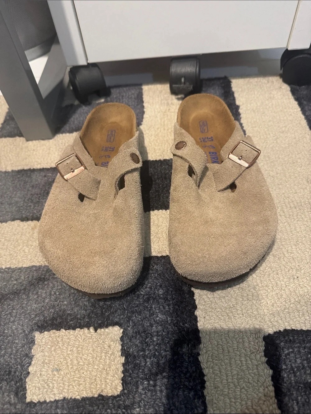 Birkenstock Boston taupe suede mule clogs